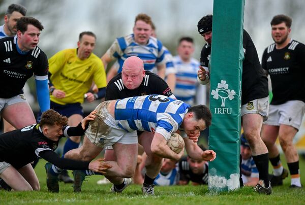 Tom Sheedy scores Athy's first try during the Bank of Ireland Provincial Towns Cup semi-final against Longford Photo: Shauna Clinton/Sportsfile
