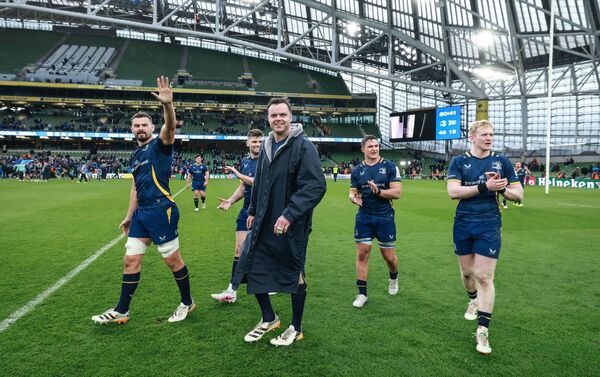  Leinster's Jamie Osborne, Max Deegan, Harry Byrne, James Ryan and Scott Penny celebrate after their Investec Champions Cup Quarter Final win over Sale Sharks Photo: ©INPHO/Dan Sheridan