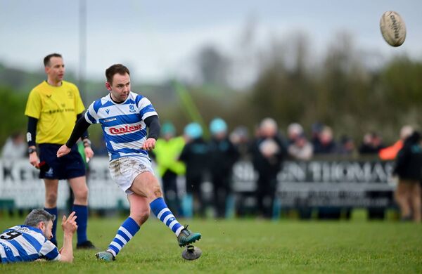  Josh Millar kicks a conversion for Athy during the Bank of Ireland Provincial Towns Cup semi-final against Longford RFC at Cill Dara RFC Photo: Shauna Clinton/Sportsfile 