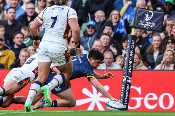 Jimmy O'Brien gets the balldown in the corner to score a try in Leinster's Champions Cup Last 16 victory over Edinburgh. Photo: INPHO/Ben Brady
