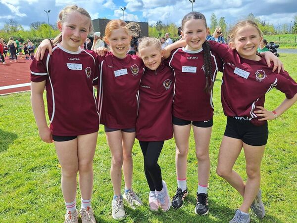 Crookstown athletes at the County League (L to R Ella Cosgrove, Ella Kearney, Amy Brennan, Cara Kavanagh and Clodagh Sands).
