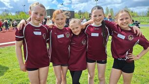 <p>Crookstown athletes at the County League (L to R Ella Cosgrove, Ella Kearney, Amy Brennan, Cara Kavanagh and Clodagh Sands).</p>