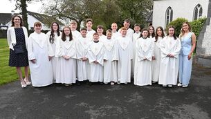 <p>Kildangan NS confirmation class at Our Lady of Victories Church with their teachers Ms Baker and Ms O'Loughlin Photos: Jimmy Fullam </p>