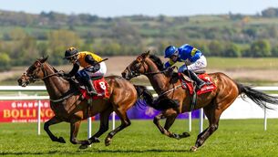 <p>Danny Gilligan on the Ross O'Sullivan trainer Raise You Up beats Donagh Meyler on Vittorio Piel into third to win The Connolly`s RED MILLS Irish EBF Auction Hurdle Series Final Photo: ©INPHO/Morgan Treacy</p>