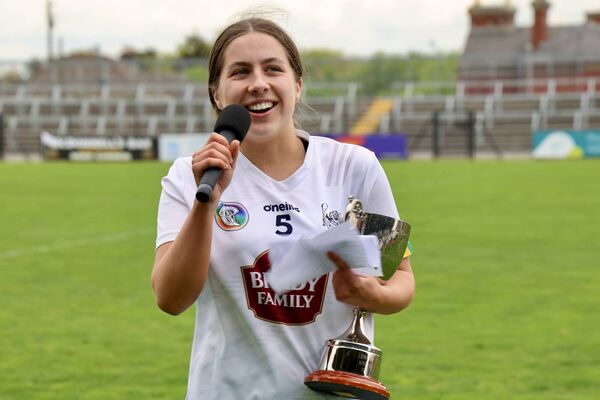 Kildare captain Keeva Flynn makes her acceptance after receiving the trophy at Cedral St Conleths Park Photo: Paul Dargan