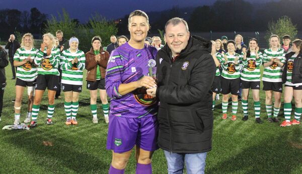 Mill Celtic goalkeeper and joint-captain Geraldine Norton receives the player of the match award.