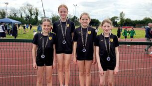 <p>Naas girls U12 Relay team that finished second. 	Photo: Naas AC.</p>