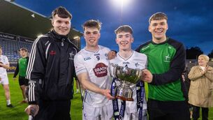 <p>The St Laurence's contingent on the Kildare U20 Leinster winning squad - TJ Nolan, Ruaidhri Lawlor, Senan Gallagher and Senan Murphy Photo: ©INPHO/Tom O’Hanlon</p>