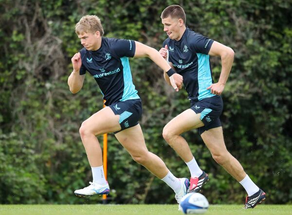Childhood friends Ciaran Mangan and Sam Prendergast at Leinster training this week ahead of a busy weekend for the province. Photo: INPHO/Grace Halton.