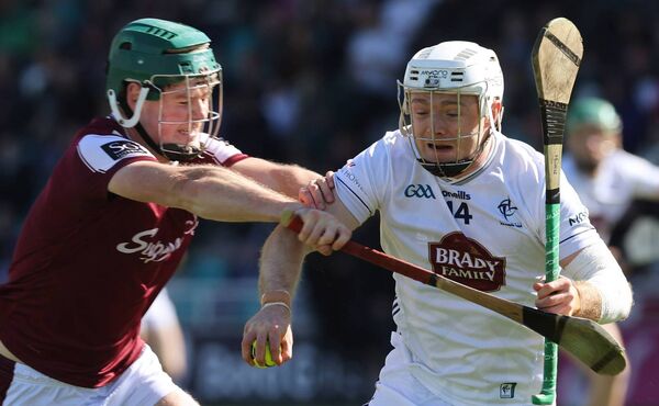 Galway’s Gavin Lee tangles with Muiris Curtin of Kildare.