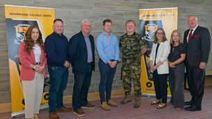 <p>Teacher Jane Lenehan &amp; Careers Expo Committee, past pupil Conor Finan, Career Guidance Counsellor Brian Howard, past pupils, Barry Flanagan; Billy Scully, Gráinne Weld Áine McCreevy, and past pupil Senator Aubrey McCarthy Photos: Tony Keane</p>