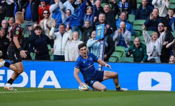 Leinster’s Jimmy O’Brien touches down for Leinster's fifth try in last week's win over the Lions. Photo: INPHO/Dan Sheridan.