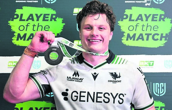Cian Prendergast is presented with the Player of the Match award after his side clinched a spot in the playoffs with a massive win away to Edinburgh. 	Photo: INPHO/Craig Watson.