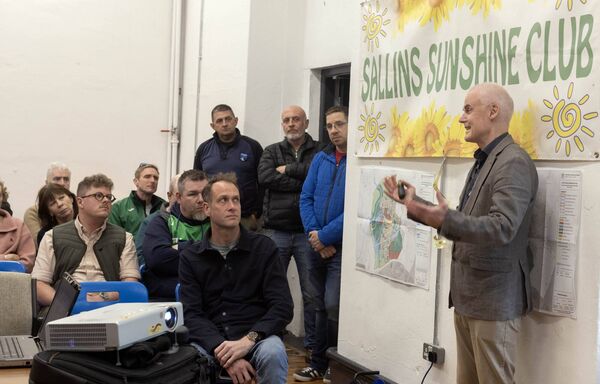Sallins Community Council Chairman Fergus Carpenter speaks to locals and councillors attending a meeting to discuss the Kildare County Council Draft Settlement Plan for Sallins at Sallins Parish Hall. Photo: Tony Gavin 29/04/2026