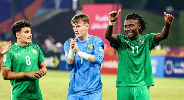 Alex Noonan (centre) with Kian McMahon-Brown and Jaden Umeh after Ireland's win over Canada at last year's Under 17 World Cup in Qatar Photo: ©INPHO