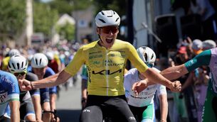 <p>Kilcock's Conn McDunphy of the USA: APS Pro Cycling team celebrates overall victory in the Rás Tailteann as he crosses the finish line in the final stage in Dunboyne Photo : Lorraine O'Sullivan </p> <p>Kilcock's Conn McDunphy of the USA: APS Pro Cycling team celebrates overall victory in the Rás Tailteann as he crosses the finish line in the final stage in Dunboyne Photo : Lorraine O'Sullivan </p>