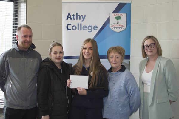 Amy pictured with her parents Patrick and Rachel, Grandmother Dolores and Athy College Principal Mary Marum Amy pictured with her parents Patrick and Rachel, Grandmother Dolores and Athy College Principal Mary Marum