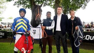 <p>Bunyola Bay, Sean Levey with Ross Doyle (rep trainer Richard Hannon and owner Michael Geoghegan) Photo: Healy Racing</p>