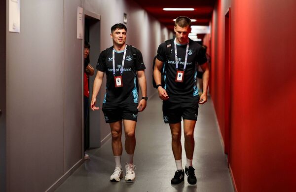 Jimmy O'Brien and Sam Prendergast arriving for the Champions Cup Final. Phot: INPHO/Nick Elliott