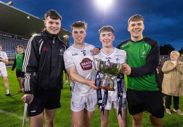 St Laurences and Kildare U20 players - TJ Nolan, Ruaidhri Lawlor, Senan Gallagher and Seanan Murphy after winning the Leinster Under 20 final. Photo: ©INPHO/Tom O'Hanlon