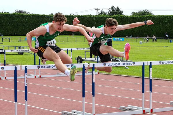 Kyle Byrne Ward and Eoghan Gallagher (Newbridge) in the U17 hurdles, where Gallagher set a new Leinster record. Kyle Byrne Ward and Eoghan Gallagher (Newbridge) in the U17 hurdles, where Gallagher set a new Leinster record.