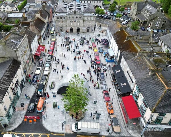Aerial view of Emily Square with the Gordon Bennet Classic Cars on display