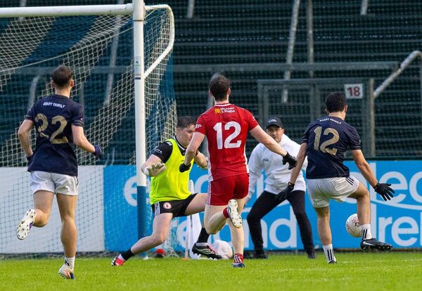 Eoghan Lyons is denied a late equalising goal by a fine save from Tyrone goalkeeper Ronan O'Neill Photo: ©INPHO/Tom O'Hanlon Eoghan Lyons is denied a late equalising goal by a fine save from Tyrone goalkeeper Ronan O'Neill Photo: ©INPHO/Tom O'Hanlon