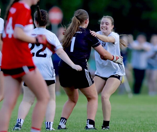 Goallkeeper Sadie Burke celebrates with Izzy Mae Middleton at the final whistle Photo: Karl Gormley