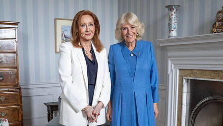 Britain's Queen Camilla welcomes JK Rowling to Palace of Holyroodhouse