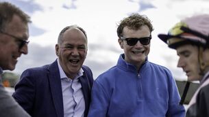 <p>Owner Mick Masterson (part of the New Suit Syndicate) and happy trainer Daniel McLoughlin after Damsel In Distress picked up the 7f auction series maiden in Roscommon last week Photo: Patrick McCann/Racing Post </p>