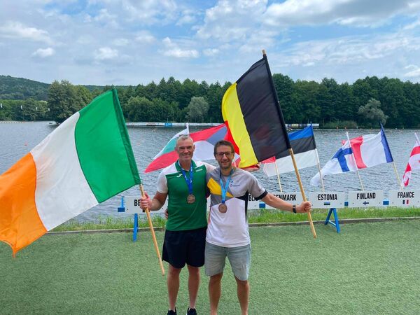 Peter Egan and Belgium's Erwin Smids after their bronze medal win in the Masters K2 class Peter Egan and Belgium's Erwin Smids after their bronze medal win in the Masters K2 class