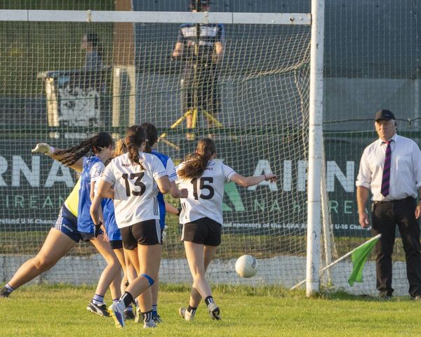 Anna Dillon (15) sends her shot into the bottom corner of the Cavan net Photo: Aisling Hyland