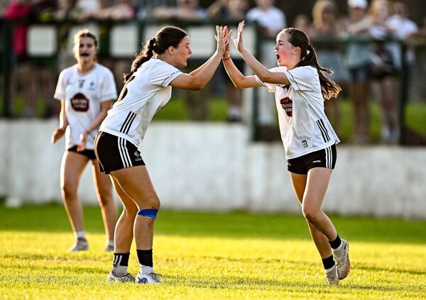 Anna Dillon of Kildare, right, celebrates her goal with Catherine Murphy Photo: Seb Daly/Sportsfile