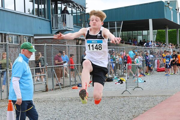 Adam Clancy (Clane) silver medalist U14 pentathlon in action in the Long Jump. All Photos: Perri Williams. 