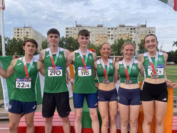 Kildare Athletics at the FISEC Games L to R (Jack Gilmartin, Eoghan Gallagher, JP Archbold, Eabha Brennan, Rachel Beattie and Saoirse Ballesty Byrne).