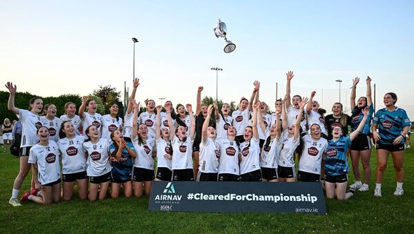 Kildare players celebrate with the trophy after their side's victory in the AirNav Ireland All-Ireland U-16 A Championship final again Cavan Photo: Seb Daly/Sportsfile Kildare players celebrate with the trophy after their side's victory in the AirNav Ireland All-Ireland U-16 A Championship final again Cavan Photo: Seb Daly/Sportsfile