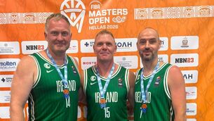 <p>Moran O'Sullivan (centre) with the silver medal he won in Greece with the Ireland M45 team along with team-mates Gediminas Simkus and Mick Barry</p>