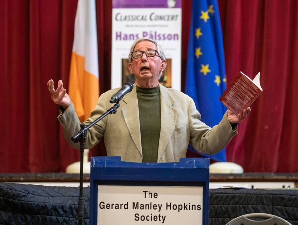 Author Desmond Egan reading at the civic honour award presentation in Newbridge Dominican College 	Photo: Michael Donnelly