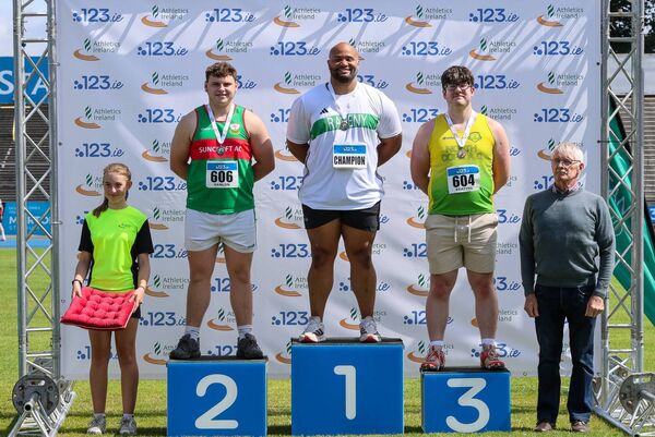 Presentation for Men's Shot putt (L to R) Theo Hanlon (Suncroft), Eric Favors (Raheny) and Callum Keating (North Cork).