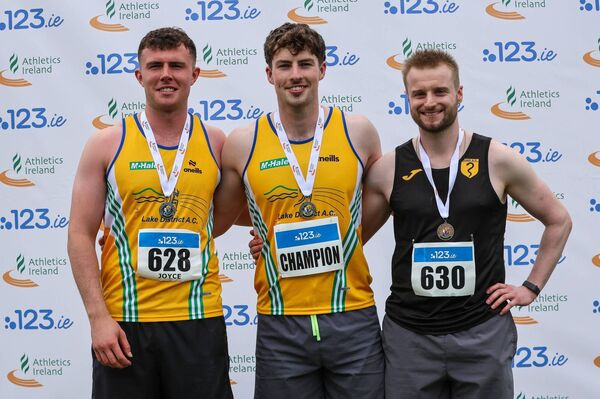 Men's Javelin: (L to R) Oisin Joyce (Lake District), Conor Cusack (Lake District) and Michael Jordan (Naas AC).