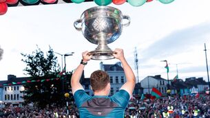 <p>Mayo manager Andy Moran lifts the Sam Maguire in his home town of Ballaghaderreen on Thursday Photo: INPHO/Tom Maher</p> <p>Mayo manager Andy Moran lifts the Sam Maguire in his home town of Ballaghaderreen on Thursday Photo: INPHO/Tom Maher</p>