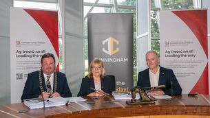 <p>Cathaoirleach cllr Tim Durkan, Annette Aspell, deputy chief executive of Kildare County Council; George Taggart, construction director, Cunningham Contracts Ireland Ltd</p>