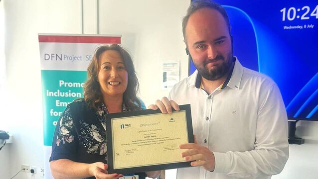 James Joyce at the 2025/26 Project SEARCH graduation being presented his certificate <p>James Joyce at the 2025/26 Project SEARCH graduation being presented his certificate</p>
