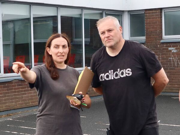Emma Farrell and producer Richie Kearney discuss a shot Emma Farrell and producer Richie Kearney discuss a shot