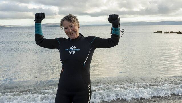 <p>Tracy Piggott celebrates after completing Swimming in Silence, a gruelling 14km underwater endurance swim across Galway Bay, in record time, in aid of Sensational Kids. Spending up to five hours underwater in challenging Atlantic conditions, Tracy undertook the extraordinary challenge to raise vital funds for therapy services for children with additional needs. To donate, visit www.sensationalkids.ie. Photo : Murtography</p>