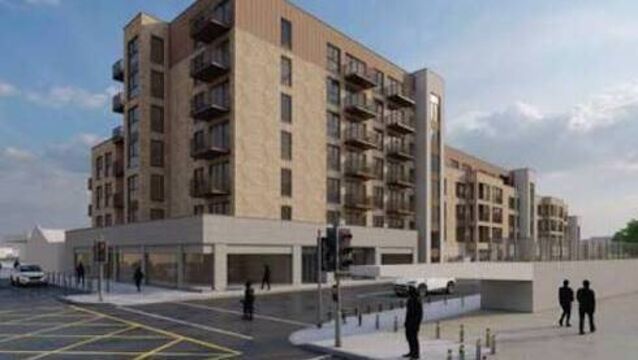 <p>A CGI of the refused block of apartments planned for the Swan Dowling's site in Naas</p>