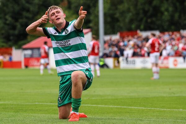 Michael Noonan celebrates scoring Shamrock Rovers' second goal just before the half-time break in Richmond Park Photo: ©INPHO/Ben Brady Michael Noonan celebrates scoring Shamrock Rovers' second goal just before the half-time break in Richmond Park Photo: ©INPHO/Ben Brady