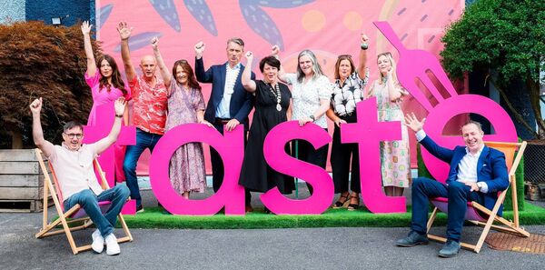 INTO Kildare Board Members at Taste of Kildare 2026 at Naas Racecourse Pictured L-R - Kevin Walsh (Lily &amp; Wild), Chloe McGrory (INTO Kildare), Brian Fallon (Fallons of Kilcullen), Jacqui McNabb (Head of Enterprise at Kildare Local Enterprise Office), Cllr Bill Clear (Mayor of Naas Municipal District), Leas-Chathaoirleach, Councillor Tracey O’Dwyer, Sonya Kavanagh (CEO Kildare County Council), Mary Fennin Byrne (Clanard Court Hotel, Athy), Sharon Deegan (Keadeen Hotel, Newbridge) and Ted Robinson Photo - Aishling Conway No repro fee