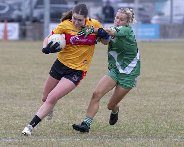 Caoimhe O Sullivan (St Laurence's) under pressure from Ellie Kendrick (Sarsfields) Photo: Aisling Hyland Caoimhe O Sullivan (St Laurence's) under pressure from Ellie Kendrick (Sarsfields) Photo: Aisling Hyland