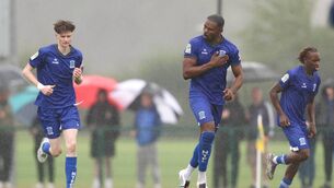 <p>Eric Munongo of Newbridge Town, centre, celebrates after scoring his side's first goal during the FAI National League against CK United Photo: Michael P Ryan/Sportsfile</p> <p>Eric Munongo of Newbridge Town, centre, celebrates after scoring his side's first goal during the FAI National League against CK United Photo: Michael P Ryan/Sportsfile</p>